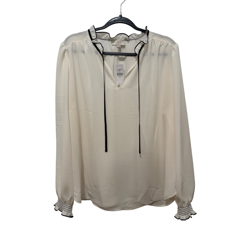 Loft Outlet Womens XL White Black Piping Ruffle Neck Smocked Cuff Blouse NWT